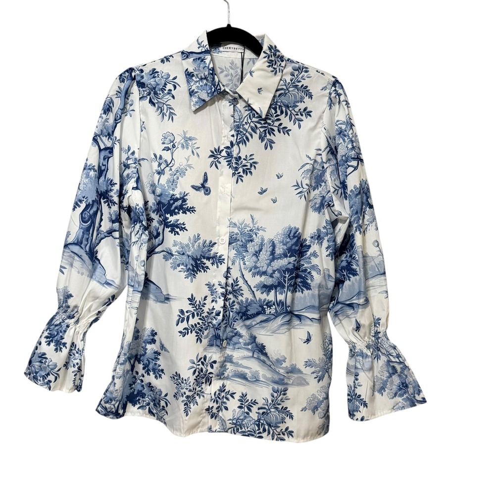 CherryBetty Blue White Toile De Jouy Smocked Flared Cuff Button Up Blouse M NEW